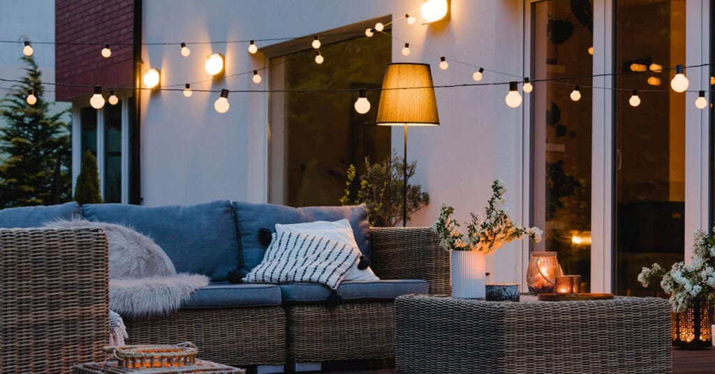 Chicago landscape lighting string lights over the patio